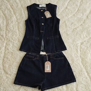 Meshki Dark Blue Denim Vest & Shorts Set